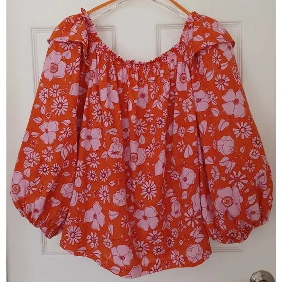 Free People Orange Pink Floral Off Shoulder Peasant Top L EC - Picture 3 of 10